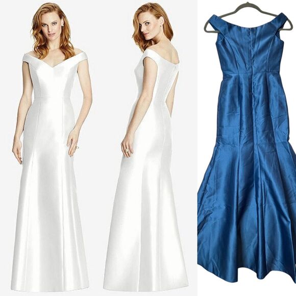Dessy Group Sateen Twill Off Shoulder Dusk Blue Dress 4519 Women's US 6R NWT - Picture 1 of 12
